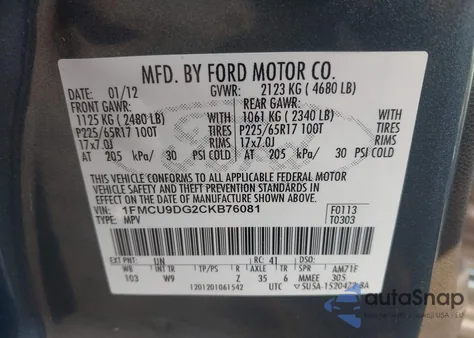 2012 Ford Escape Xlt z USA, uszkodzony, nr VIN 1FMCU9DG2CKB76081
